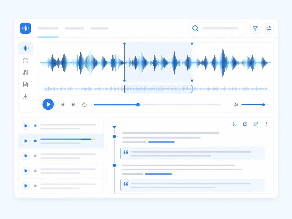 Searchable transcript workspace for Opus audio recordings