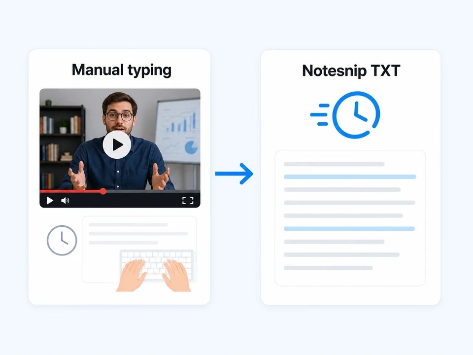Notesnip converting YouTube to TXT much faster than manual transcription