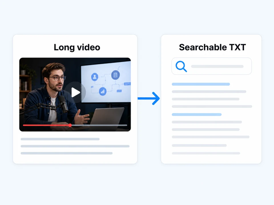 Long YouTube video converted into searchable TXT content for quote extraction